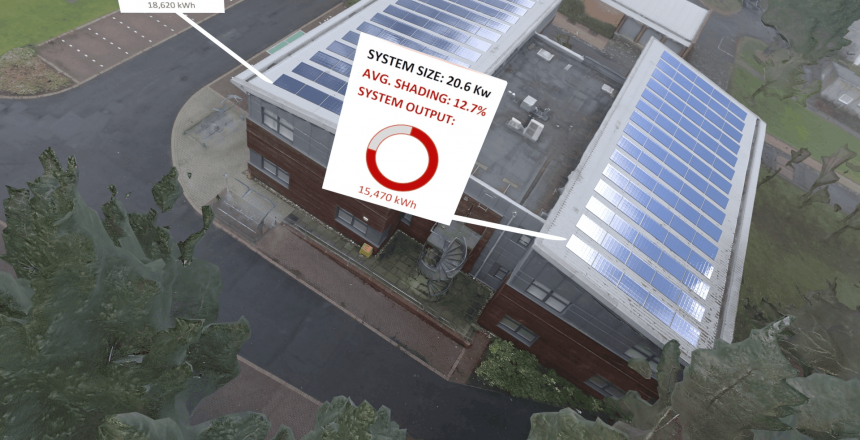 Integrated Energy Systems building from above. Using augmented reality to show floating information boxes.
